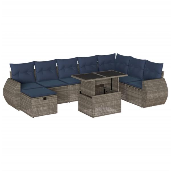 9-teiliges Gartensofa-Set mit Kissen, grau, Polyrattan