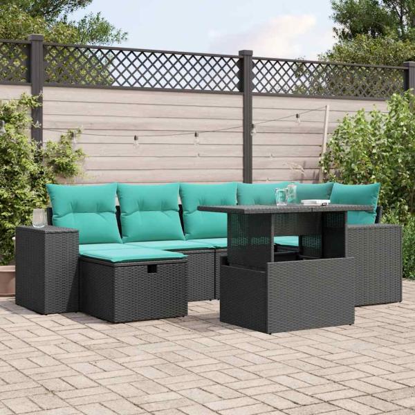 ARDEBO.de - 7-teiliges Gartensofa-Set mit Kissen, schwarzes Polyrattan