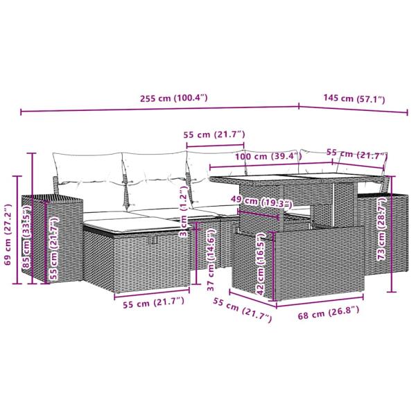 7-teiliges Gartensofa-Set mit Kissen, schwarzes Polyrattan