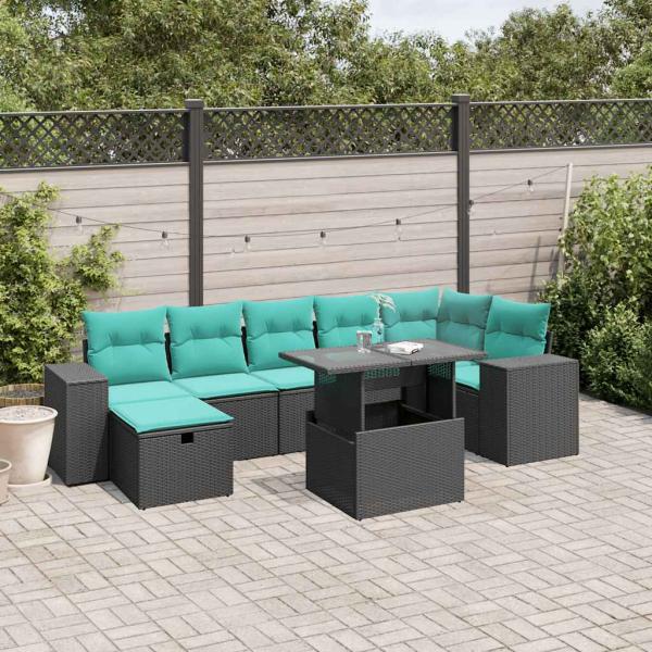 ARDEBO.de - 8-teiliges Gartensofa-Set mit Kissen, schwarzes Polyrattan