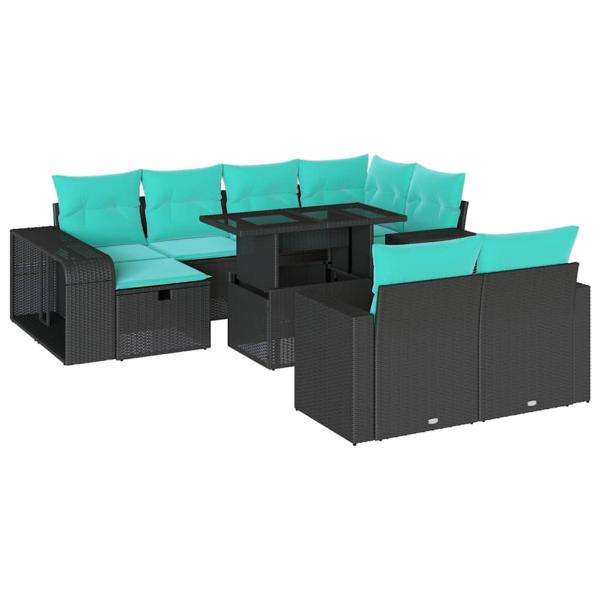11-teiliges Gartensofa-Set mit Kissen, schwarzes Polyrattan