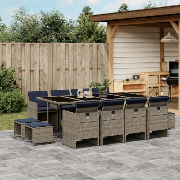 ARDEBO.de - 13-teiliges Garten-Ess-Set mit Kissen, grau, Polyrattan