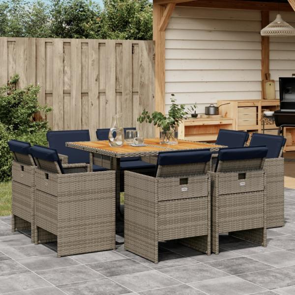 ARDEBO.de - 9-teiliges Garten-Ess-Set mit Kissen, grau, Polyrattan