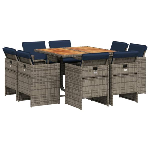 9-teiliges Garten-Ess-Set mit Kissen, grau, Polyrattan