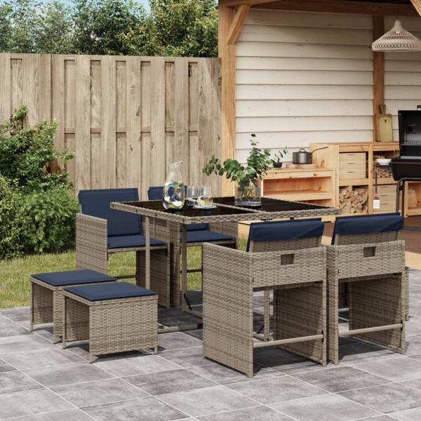 ARDEBO.de - 9-teiliges Garten-Ess-Set mit Kissen, grau, Polyrattan
