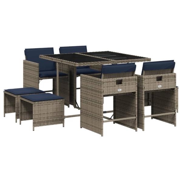9-teiliges Garten-Ess-Set mit Kissen, grau, Polyrattan