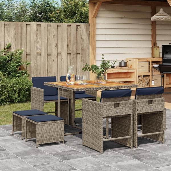 ARDEBO.de - 9-teiliges Garten-Ess-Set mit Kissen, grau, Polyrattan