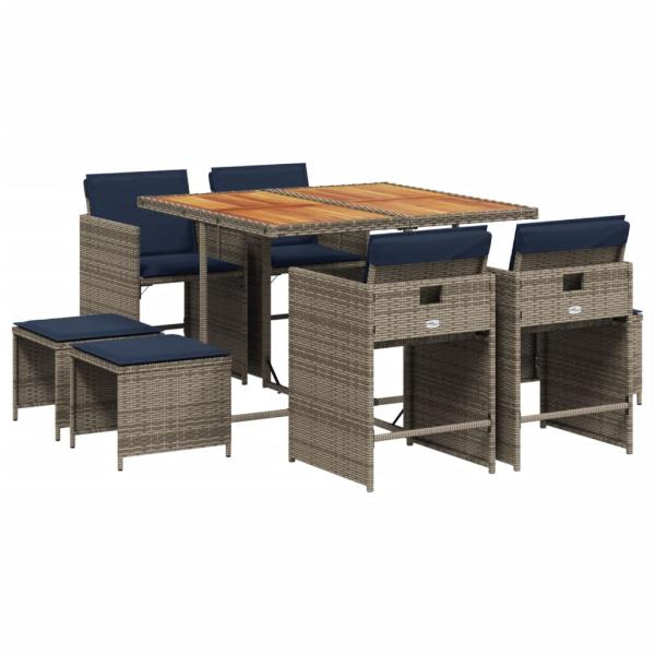 9-teiliges Garten-Ess-Set mit Kissen, grau, Polyrattan