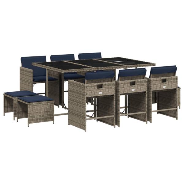 11-teiliges Garten-Ess-Set mit Kissen, grau, Polyrattan