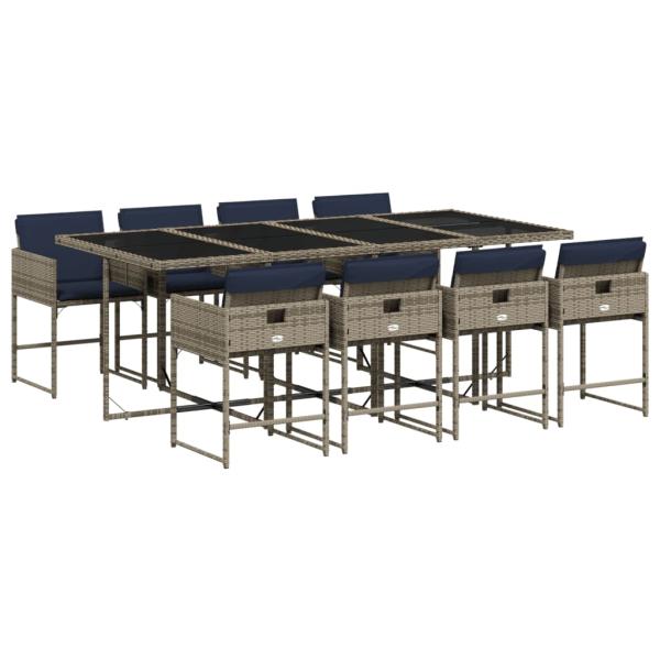 9-teiliges Garten-Ess-Set mit Kissen, grau, Polyrattan