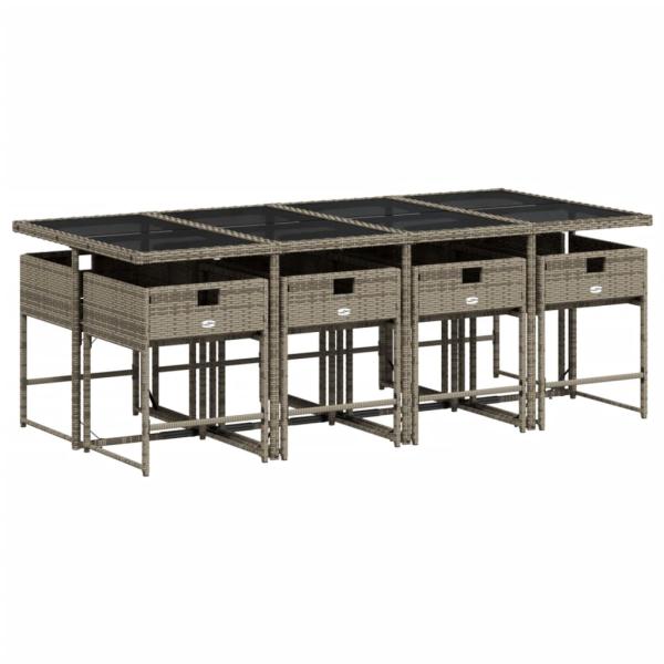 9-teiliges Garten-Ess-Set mit Kissen, grau, Polyrattan