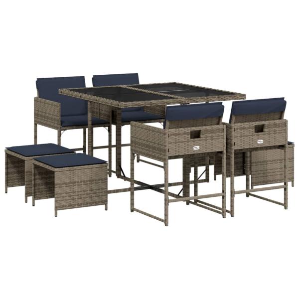 9-teiliges Garten-Ess-Set mit Kissen, grau, Polyrattan
