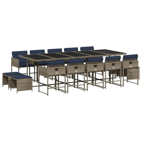 15-teiliges Garten-Ess-Set mit Kissen, grau, Polyrattan