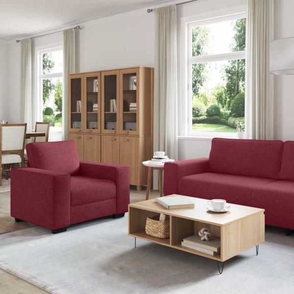 3-teiliges Sofa-Set mit Kissen, weinroter Stoff