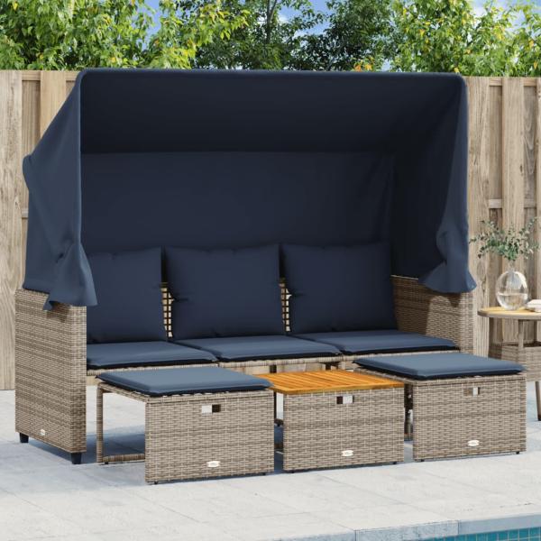 ARDEBO.de - Gartensofa 3-Sitzer mit Baldachin und Hockern Grau Poly Rattan