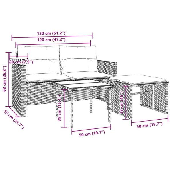 3-teiliges Gartensofa-Set mit Kissen, grau, Polyrattan