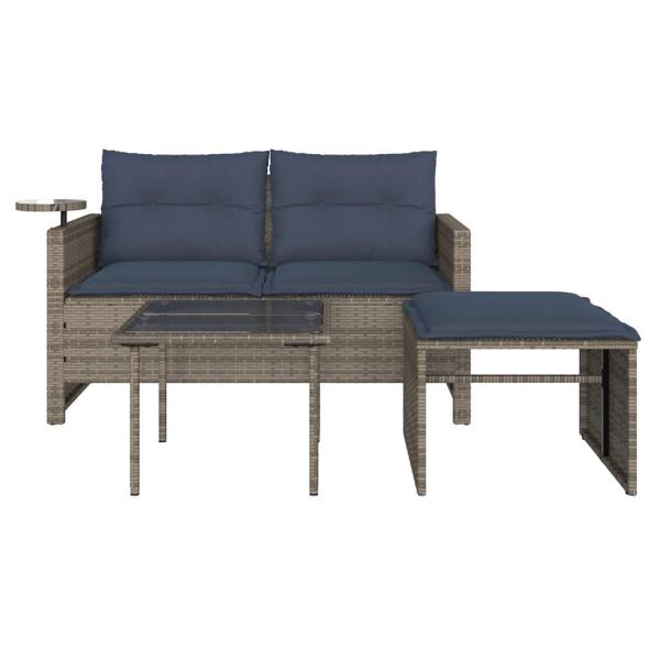 3-teiliges Gartensofa-Set mit Kissen, grau, Polyrattan
