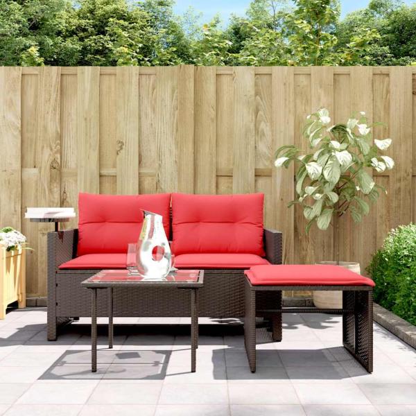 3-teiliges Gartensofa-Set mit Kissen, braun, Polyrattan