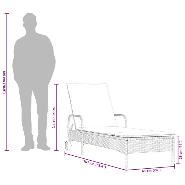 Sonnenliege mit Rollen und Kissen Braun Poly Rattan