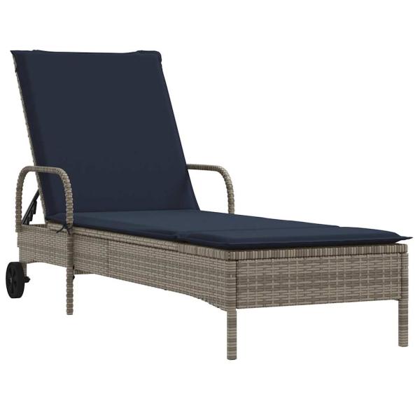 Sonnenliege mit Rollen und Kissen Grau Poly Rattan