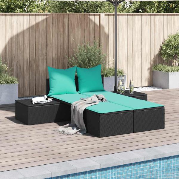 ARDEBO.de - Doppelte Sonnenliege mit Kissen Schwarz Poly Rattan