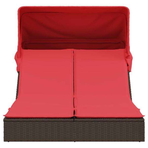 Doppelte Sonnenliege mit Baldachin und Kissen, braun, Polyrattan