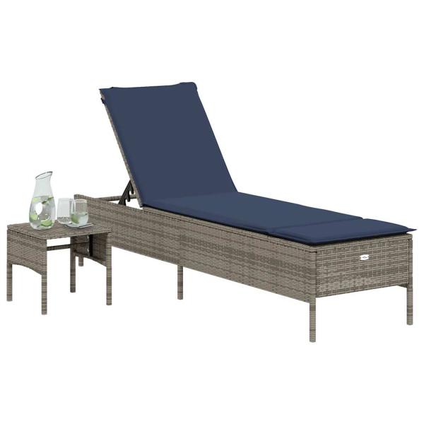 Sonnenliege mit Tisch und Kissen Grau Poly Rattan
