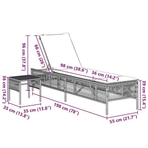Sonnenliegen 2 Stk. mit Tisch Schwarz Poly Rattan