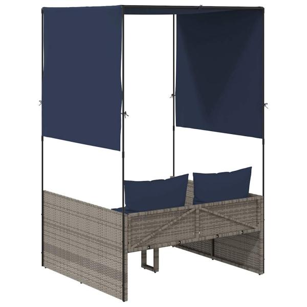 Doppelte Sonnenliege mit Dach und Vorhängen, grau, Polyrattan