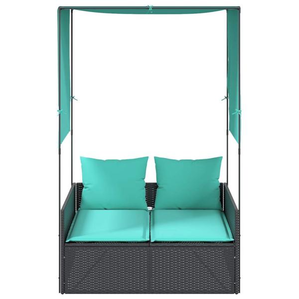 Doppelte Sonnenliege mit Dach und Vorhängen, schwarzes Polyrattan