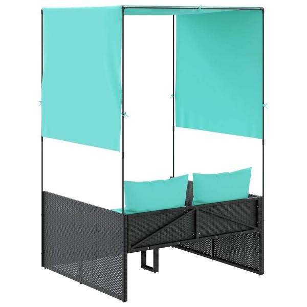 Doppelte Sonnenliege mit Dach und Vorhängen, schwarzes Polyrattan