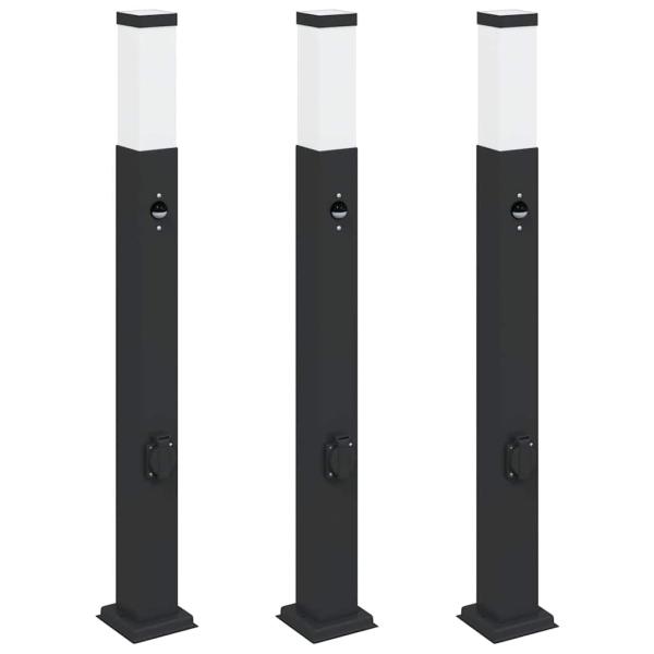 Pollerleuchten mit Sensor&Steckdose 3 Stk. 80 cm Schwarz IP44