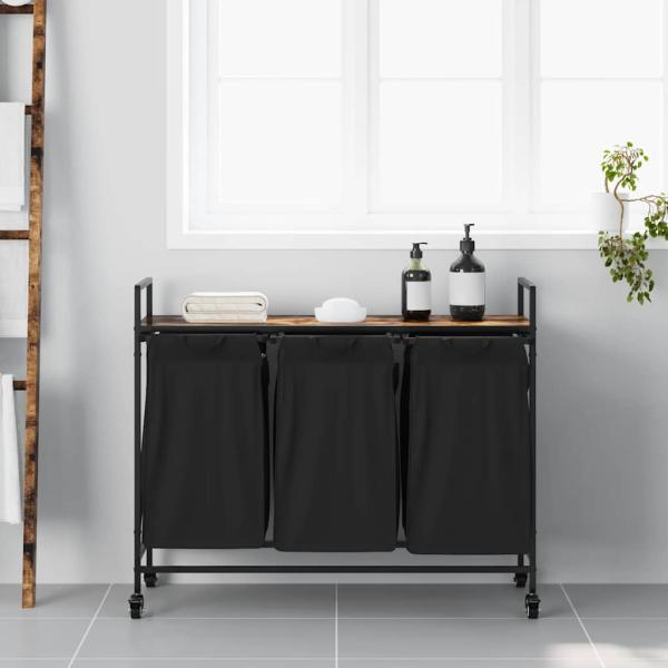 Wäschekorb 3 Fächer mit Rollen Räuchereiche