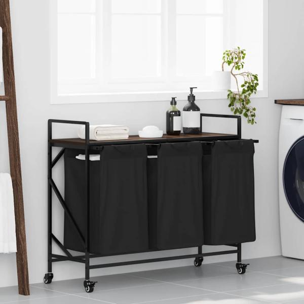 ARDEBO.de - Wäschekorb 3 Fächer mit Rollen Braune Eiche