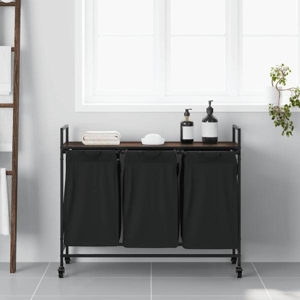 Wäschekorb 3 Fächer mit Rollen Braune Eiche