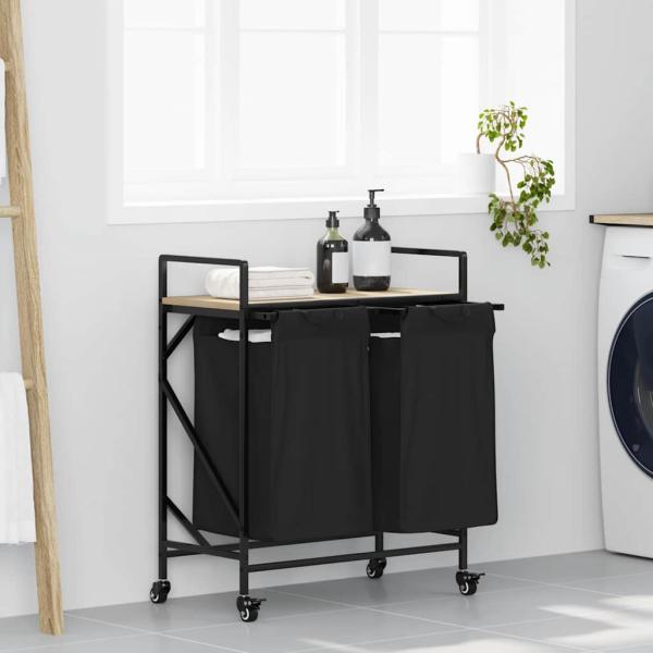 ARDEBO.de - Wäschekorb 2 Fächer mit Rollen Sonoma Eiche