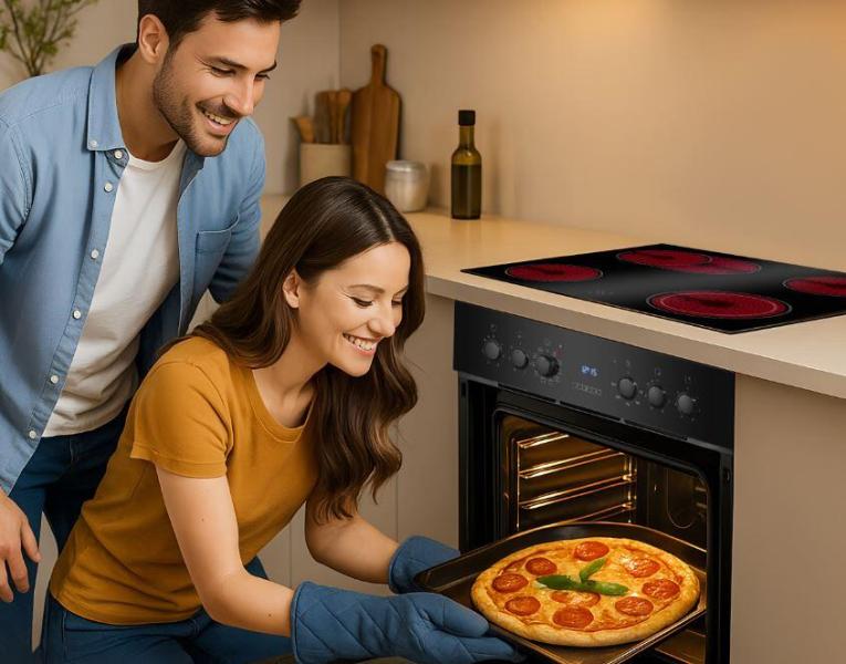 Bomann EHBC 7938 sw Einauherd-Set, 59,5 cm breit, 57 L, mit Glaskeramikkochfeld, 9 Backofen-Funktionen, schwarz