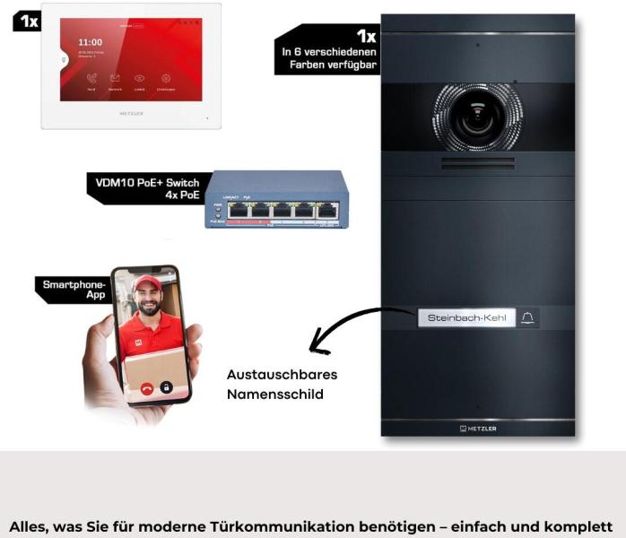 Metzler VDM10 2.0 Video Türsprechanlage Komplettset, mit HD-Kamera für 1 Familienhaus, mit austauschbarem Namensschild, LAN/POE, App, Anthrazit, V2A Edelstahl (VDM10-NEO-SET-POE-1T-AN)