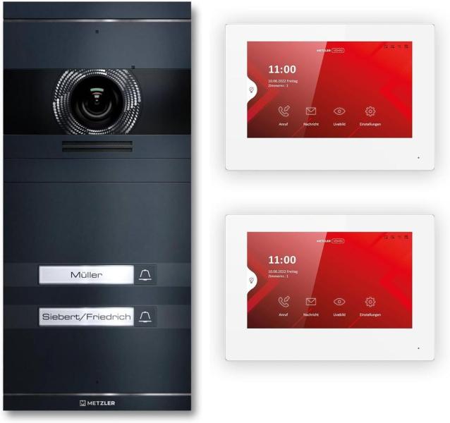 ARDEBO.de Metzler VDM10 2.0 Video Türsprechanlage Komplettset, mit HD-Kamera für 2 Familienhaus, mit austauschbarem Namensschild, LAN/POE, App, Anthrazit, V2A Edelstahl (VDM10-NEO-SET-POE-2T-AN)