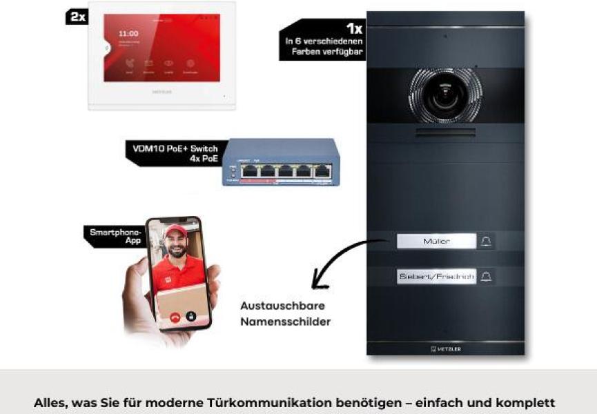 Metzler VDM10 2.0 Video Türsprechanlage Komplettset, mit HD-Kamera für 2 Familienhaus, mit austauschbarem Namensschild, LAN/POE, App, Anthrazit, V2A Edelstahl (VDM10-NEO-SET-POE-2T-AN)