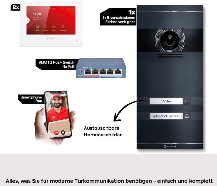 Metzler VDM10 2.0 Video Türsprechanlage Komplettset, mit HD-Kamera für 2 Familienhaus, mit austauschbarem Namensschild, LAN/POE, App, Anthrazit, V2A Edelstahl (VDM10-NEO-SET-POE-2T-AN)