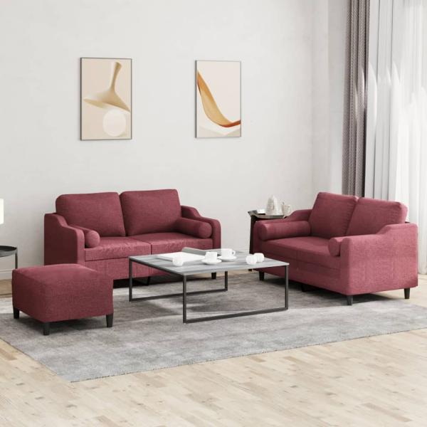ARDEBO.de - 3-tlg. Sofagarnitur mit Kissen Weinrot Stoff