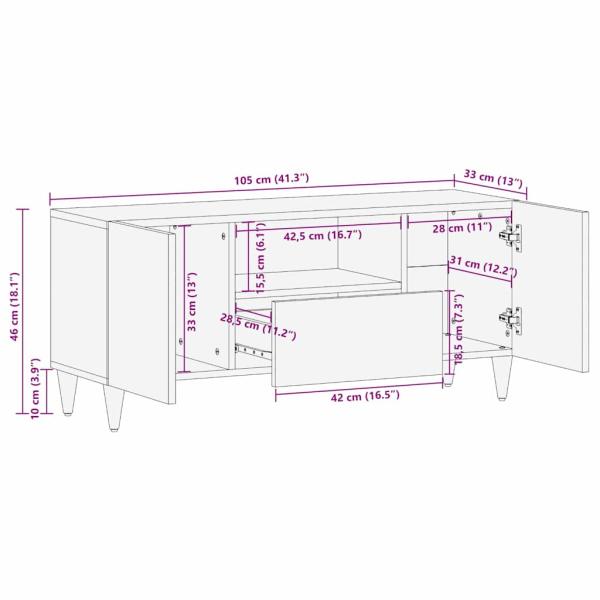 TV-Schränk mit Regal Weiß 105 x 33 x 46 cm massives Mangoholz