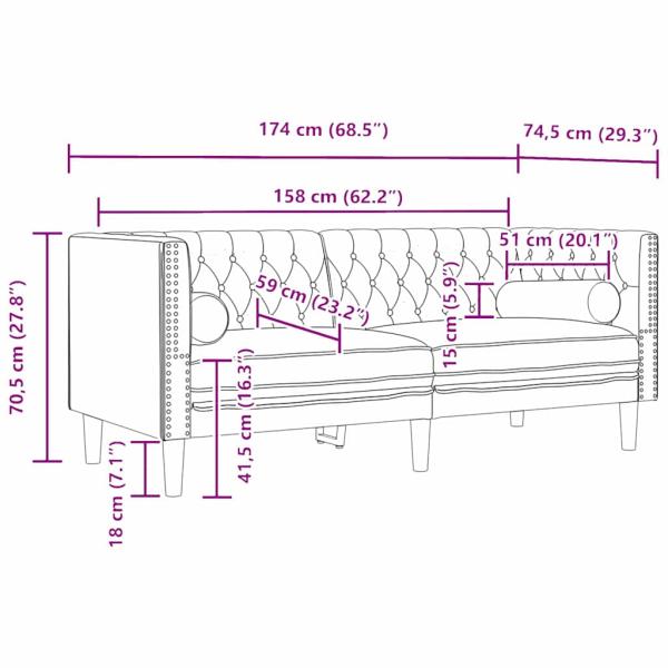 Chesterfield-Sofa Argyle Schwarz 174 x 74.5 x 70.5 cm Samt