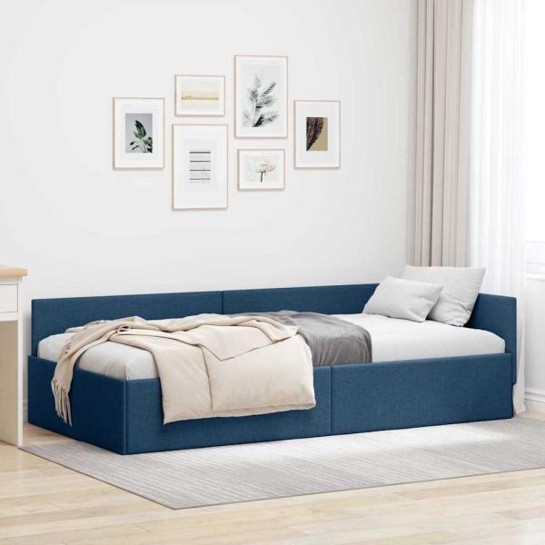 ARDEBO.de - Eckbettgestell Blau 90 x 200 cm Stoff und beschichtetes Holz