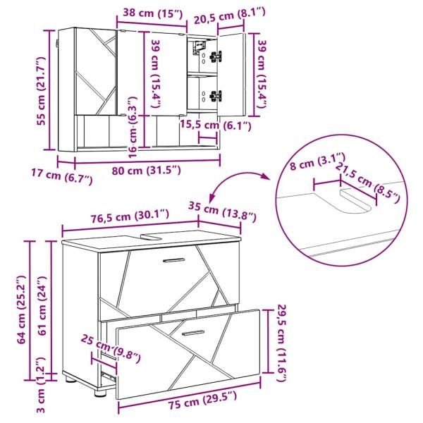 Badezimmermöbel Set 2 pcs Eiche handwerklich 76,5 x 35 x 64 cm