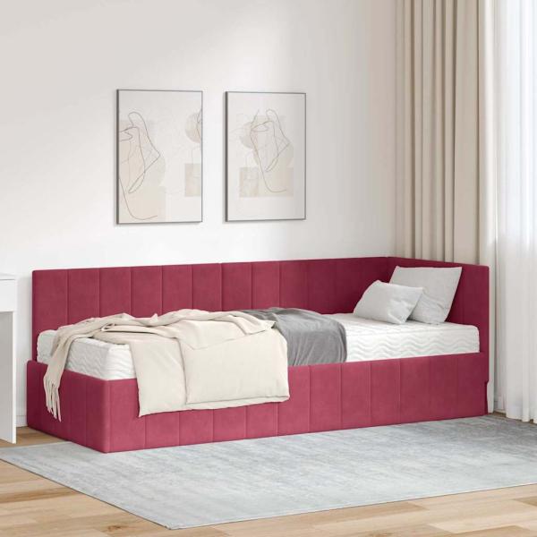 ARDEBO.de - Eckbettgestell mit Matratze Weinrot 80 x 200 cm Samt