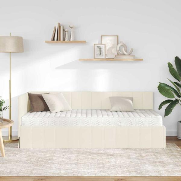 Eckbettgestell mit Matratze mit Kopfteil Creme 80 x 200 cm Samt