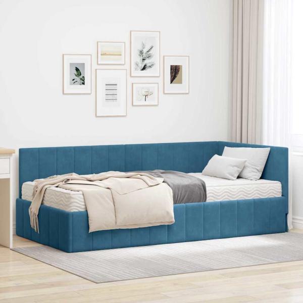ARDEBO.de - Eckbettgestell mit Matratze mit Kopfteil Blau 90 x 190 cm Samt