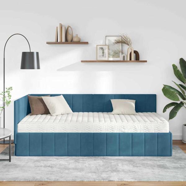 Eckbettgestell mit Matratze mit Kopfteil Blau 90 x 190 cm Samt